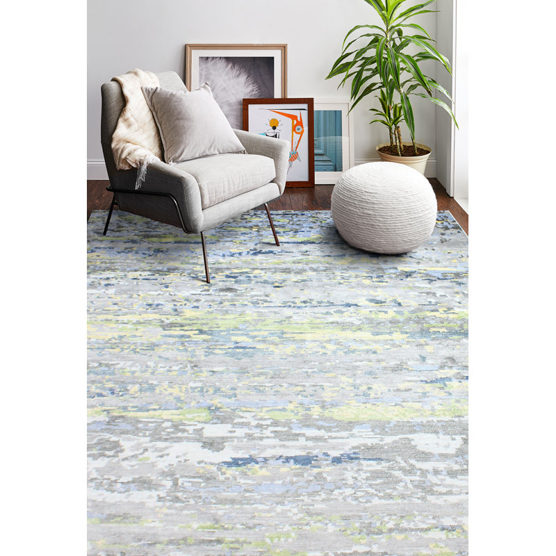 Gray and Blue Hand-knotted Viscose Abstract 9' x 12' Rug