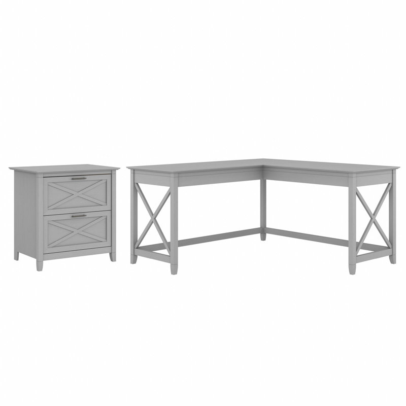 Bureau de direction en L avec classeur à 2 tiroirs Ozro, Cape Cod gris