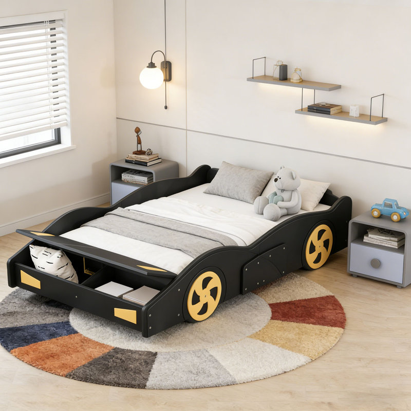 Lit plateforme avec roulettes et rangement Race, Lit double, Noir