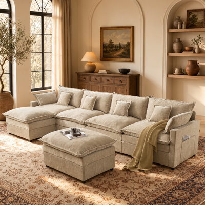 Canapé d'angle en forme de U pour 6 personnes, 142 po, avec 2 poufs, canapé nuage en chenille de 26 po de profondeur d'assise et 4 coussins décoratifs.