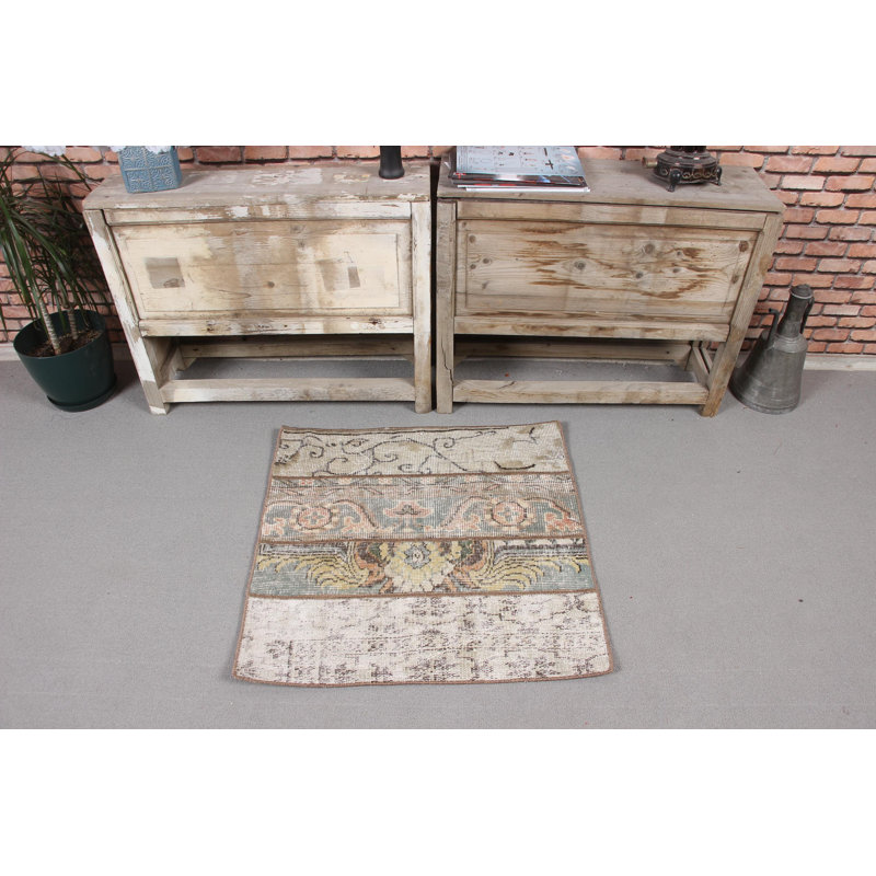 Handcrafted Vintage Turkish Door Mat with Beige and Blue Floral Patterns as a Unique Home Decor Entryway Accent