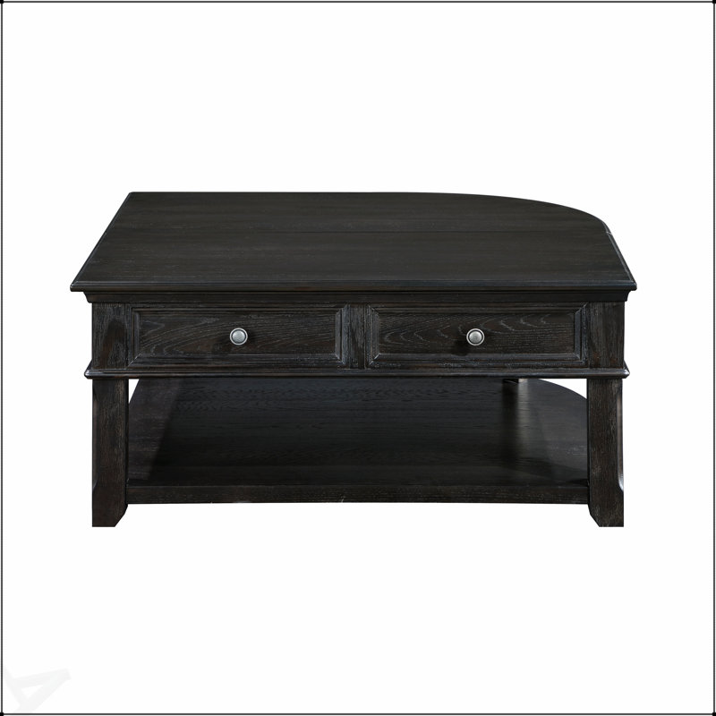 Table basse de salon en bois durable avec plateau relevable, tiroir de rangement et tablettes ouvertes au fini gris anthracite