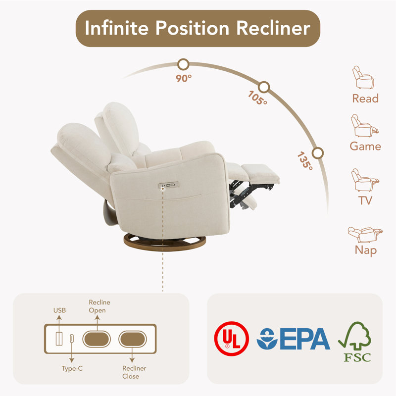 Modern Swivel Power Recliner With USB & Type-C Charge, Side Pocket, And Solid Wood Swivel Base, Cream