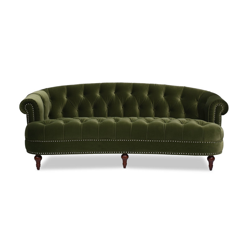 Chesterfield en velours à accoudoirs arrondis Joannes, Vert olive, H 32 po x l 83,5 po x P 38 po