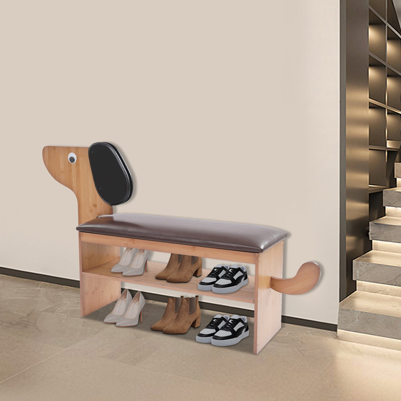 2 Tiers Cute Dog Entryway Bamboo Bench Elegant Rectangular Shoe Rack Bench With Cushion, Brown