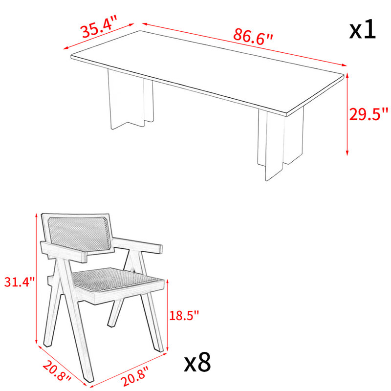 Japanese solid wood rectangular dining table set, 29.5"H x 86.6"L x 35.4"W
