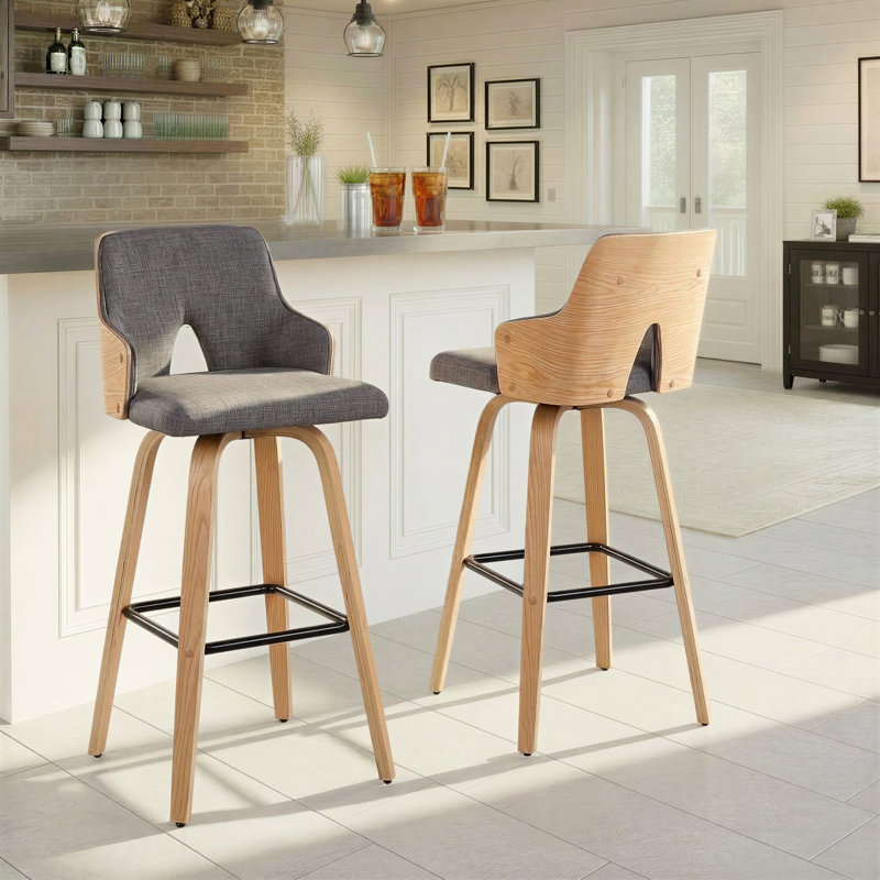 Saltram Upholstered Bar & Counter Stool with Square Footrest (Set of 2), Natural, Light Gray, Bar Stool (29.75” Seat Height)