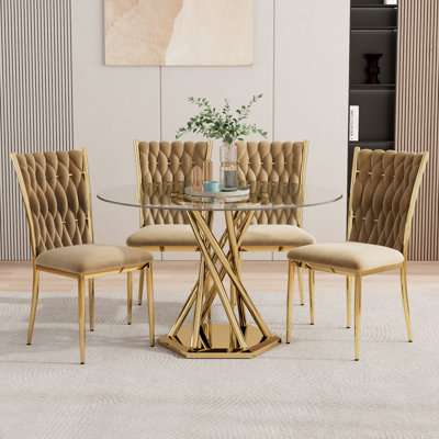 47.2" Round Glass Dining Table set for 4, 5-Pieces Round Dining Table Set, Clear Glass Dining Table set with 4 Velvet Upholstered Chairs, for Kitchen, Dining Room, Apartment