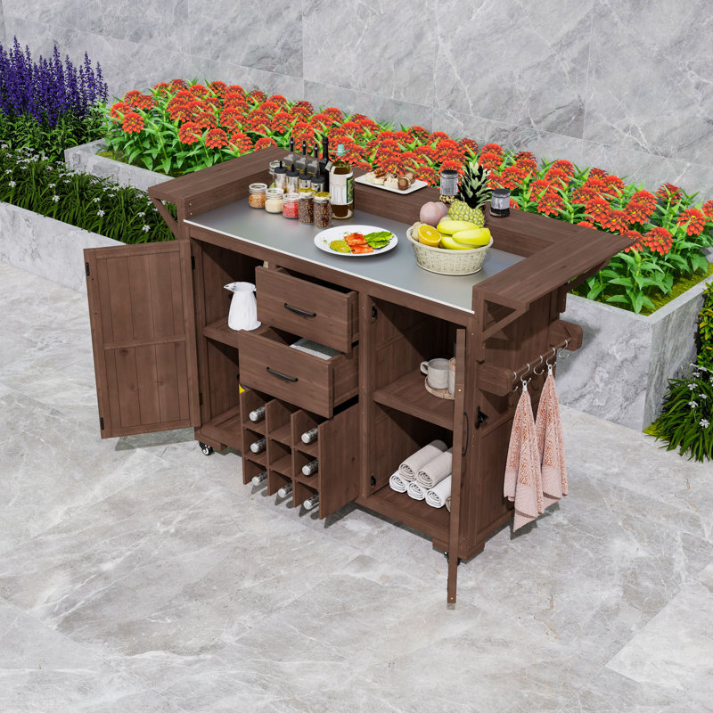 Îlot de cuisine extérieur roulant avec comptoir en acier inoxydable, tiroirs, support à vin et tablette à épices, Brun