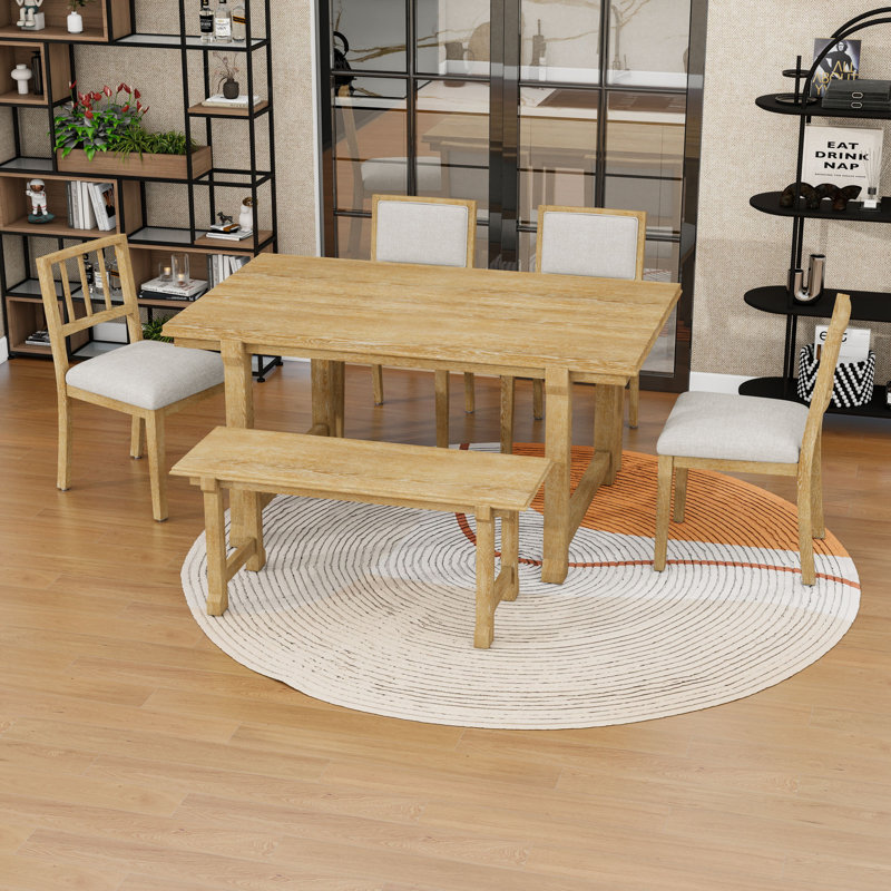 6-Piece Dining Set with Chairs and Bench, Natural Wood Wash, Natural Wood Wash, Natural Wood Wash