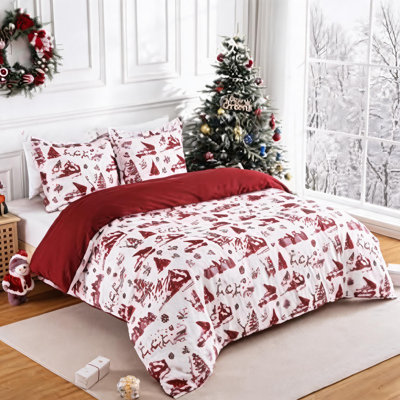 Housse de couette réversible de Noël, parure de lit en microfibre brossée à motif forêt avec revers à carreaux rouges, 8 attaches aux coins et fermeture à boutons dissimulée