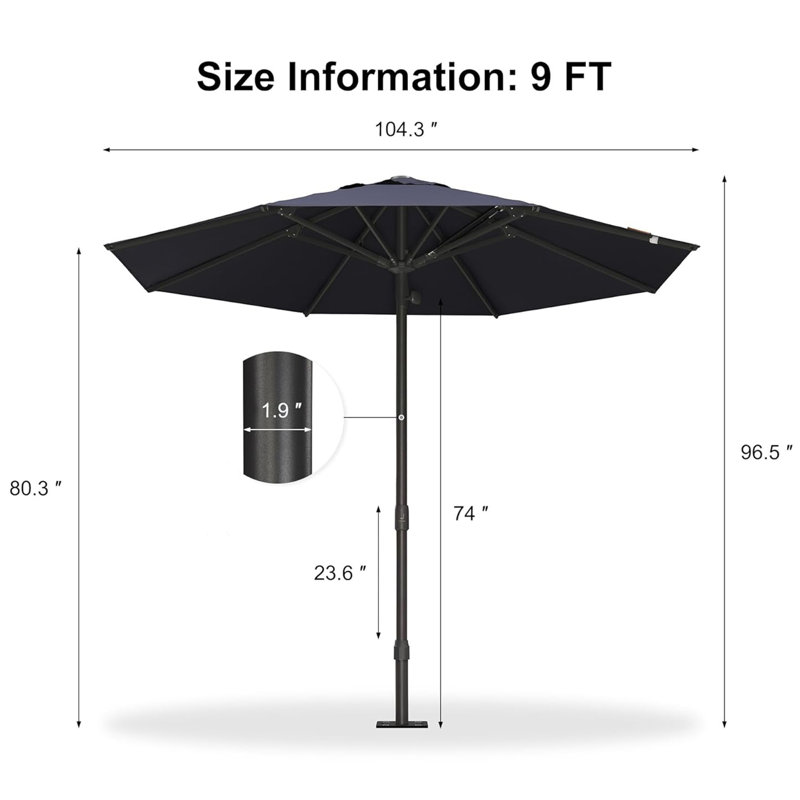 Parasol de table semi-automatique pour l'extérieur, L 108 po x P 108 po, Marine