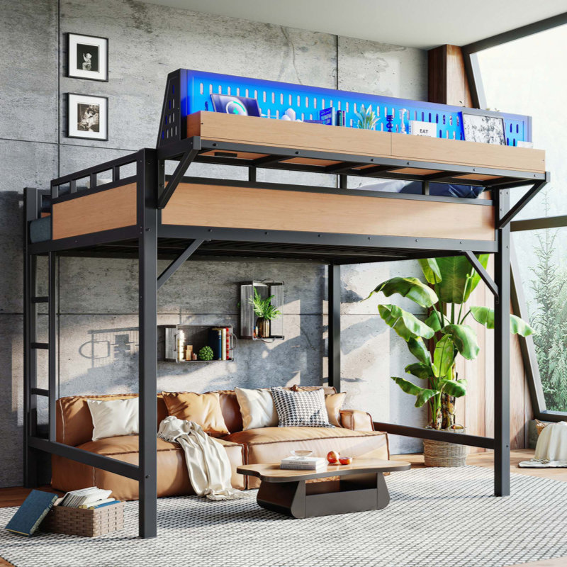 Structure de lit mezzanine avec tablettes de rangement et panneau perforé, lit mezzanine en métal avec ports USB et lumières DEL, sécuritaire et robuste