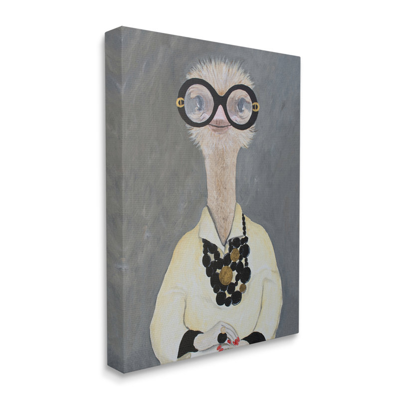 Autruche portant des lunettes et des clous peints par Coco de Paris - Peinture, H 20 po x l 16 po x P 1,5 po, Toile tendue