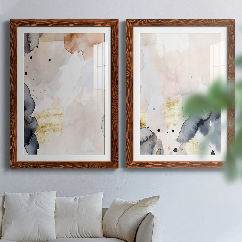 Indigo Blush and Gold III - ensemble de 2 peintures encadrées, H 31,5 po x l 43,5 po x P 1 po, Érable