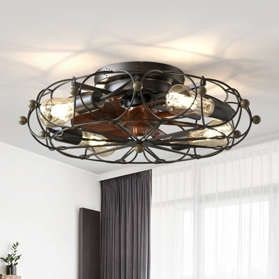 DAKAFUL 20" Flush Mount Caged Ceiling Fan With Light Kit And Remote, Reversible 6-Speed Motor