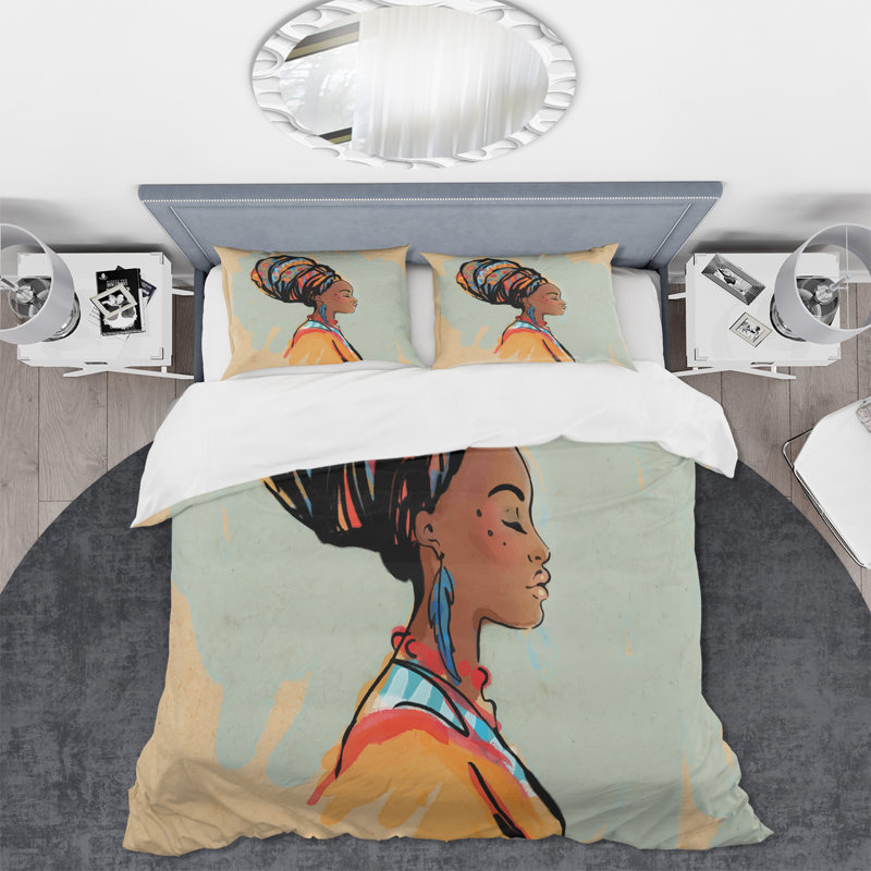 Portrait de femme afro-américaine avec Turban III - ensemble de housse de couette moderne - microfibre de polyester