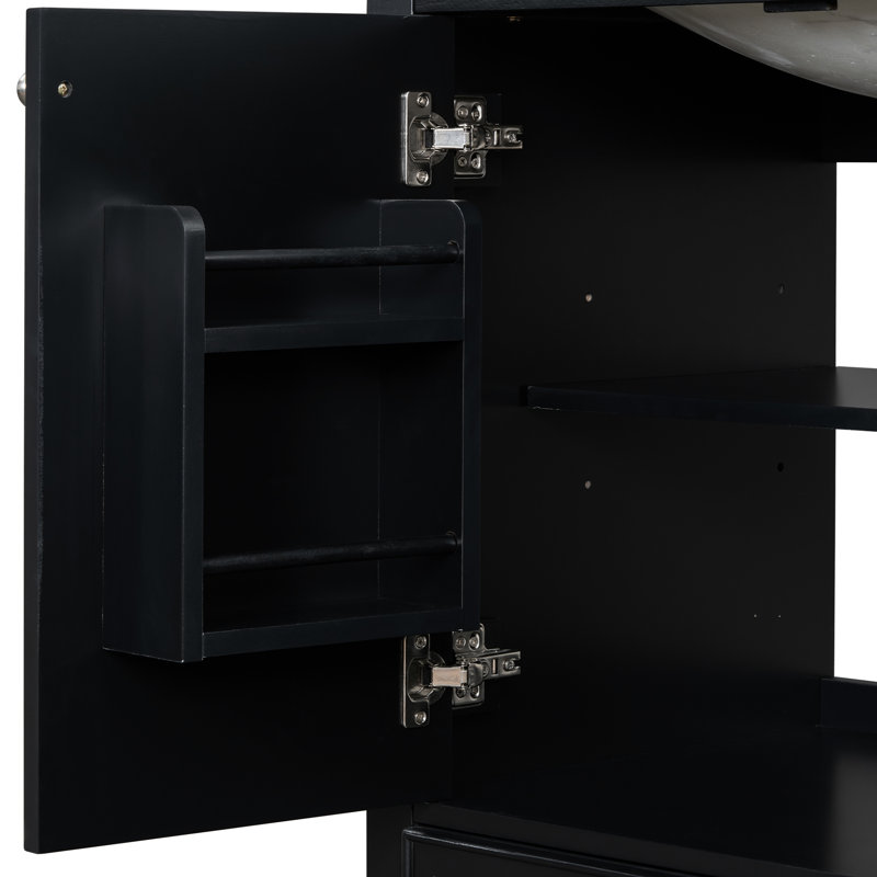Base d'armoire de salle de bain noire 30 po, armoire en bois massif et planche, portes et tiroir, multifonction, tablette réglable, assemblage requis noir, fonctionnel requis