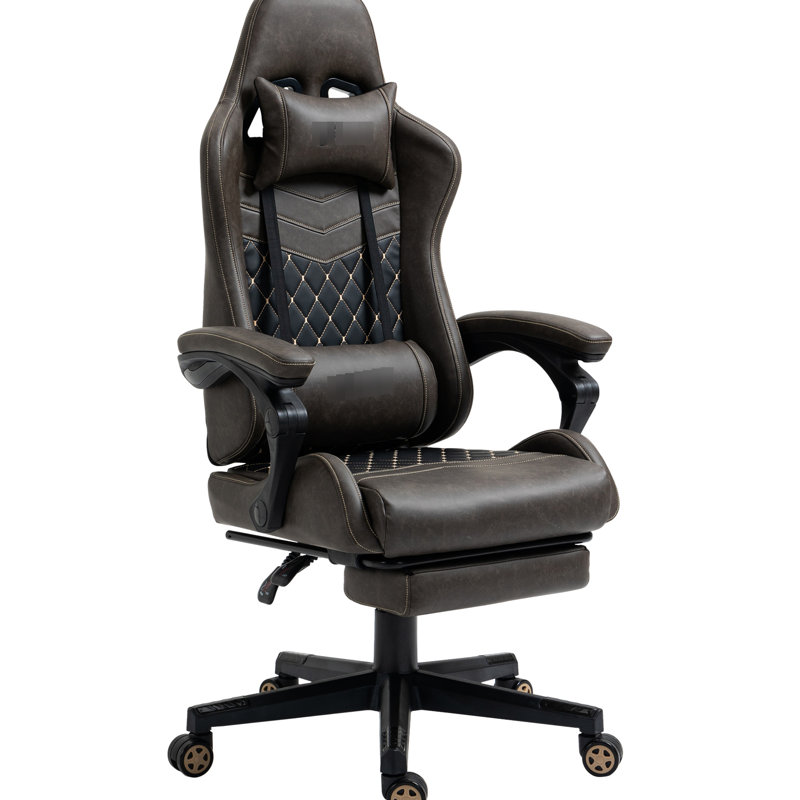 Brown Pu Leather High Back Gaming Seat, Adjustable, Footrest, Lumbar Support, Racing Ergonomic Desk Chair In Leather, Cushion