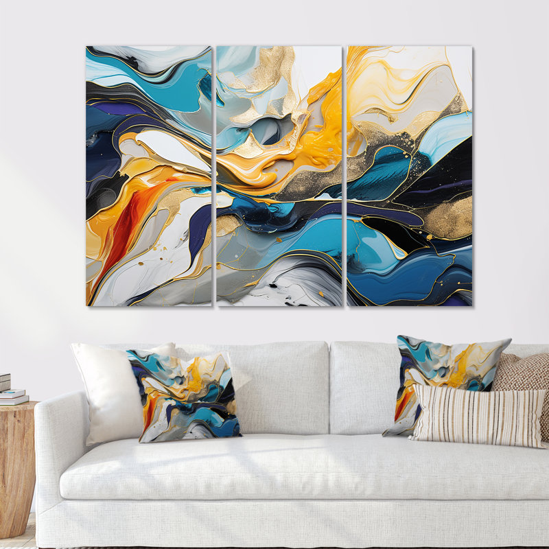 «Blue» et «Yellow», encre liquide «Harmony», art mural abstrait à l'encre liquide, Toile tendue, H 40 po x l 61 po x P 1 po