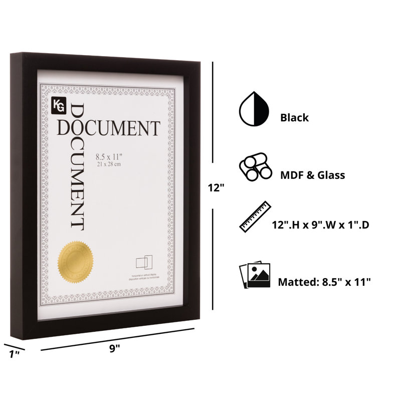 Cadre de galerie Kiera Grace, cadre pour document de 8,5 po x 11 po, cadre de document en bois à suspendre au mur, cadre durable pour mettre en valeur vos réalisations, noir