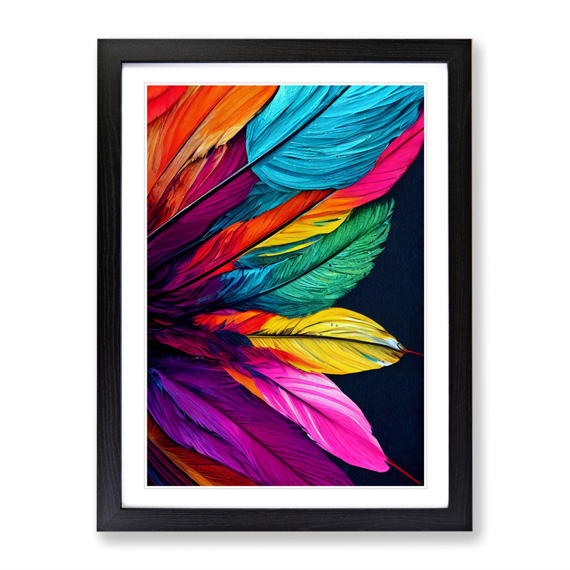 Vibrant Feathers No.4 - Single Picture Frame Painting, 64cm H x 46cm W x 2cm D, Black