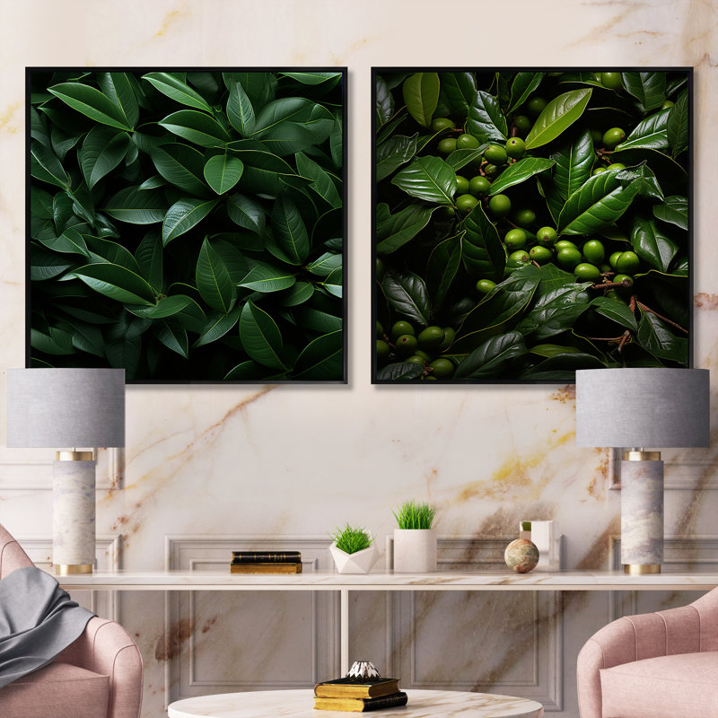 Tropical Robusta Palm Rhythms - Ensemble de 2 collages floraux carrés, Cadre flottant noir, H 30 po x l 61 po