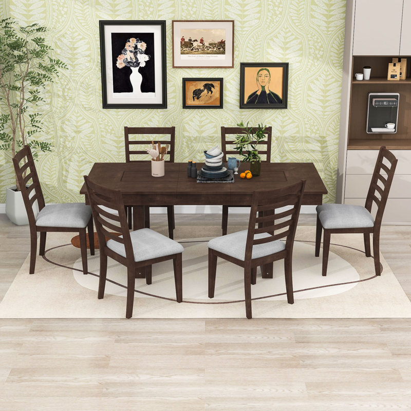 7-Piece Extendable Dining Table Set with 6 Upholstered Chairs, Walnut