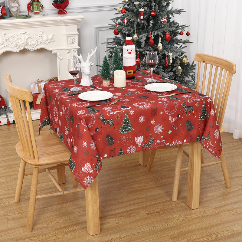 Red Oil-Proof Fabric with Reindeer & Snowflake Print | Washable Durable Holiday Cover for Indoor/Outdoor Party Decor