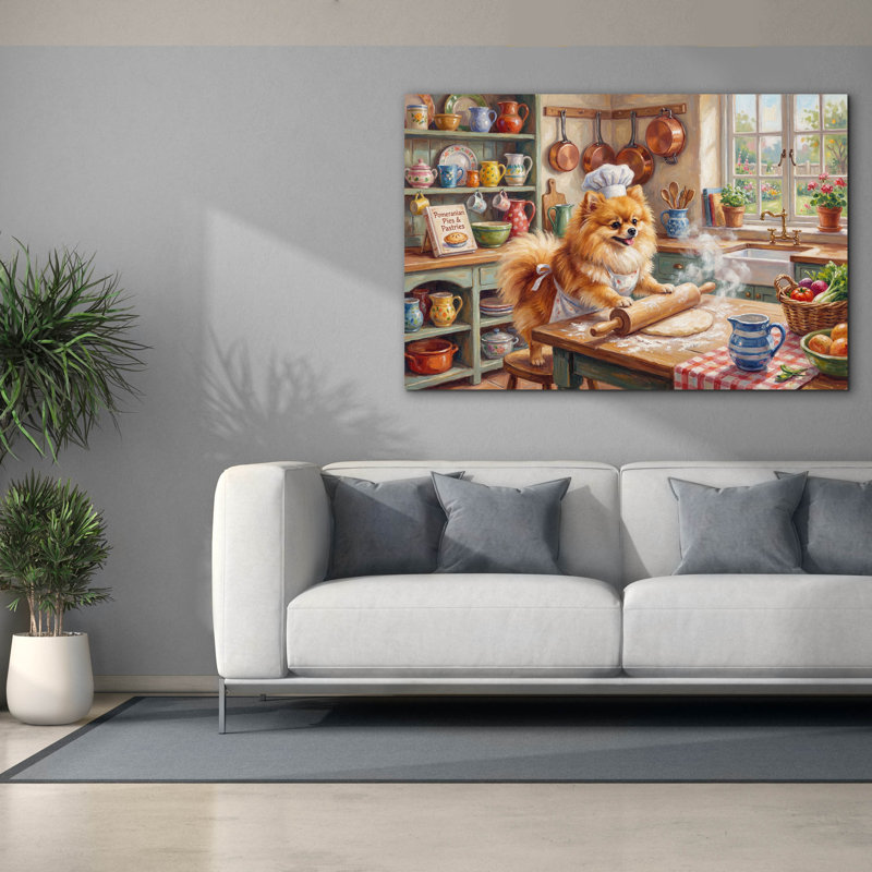  «Pomeranian In The Kitchen» par Rich Monet, art mural sur toile, 60 po x 40 po