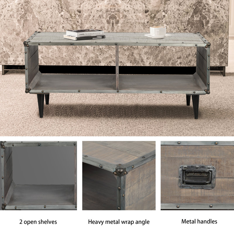 Table basse à 4 pieds en bois massif avec rangement, gris