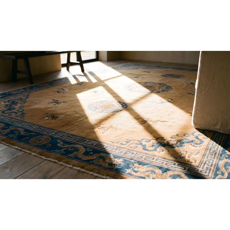 Big Antique Light Ivory Color Chinese Dragon Medallion Knotted Pile Rug