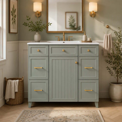 Meuble-lavabo de 36 po avec lavabo en céramique, cadre en bois, portes à fermeture douce, tablettes réglables et rangement pour sèche-cheveux