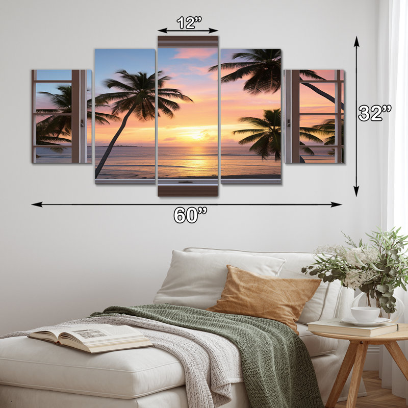 Vue tropicale de l'océan par la fenêtre blanche ouverte I - Décoration murale bord de mer - 5 panneaux