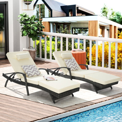Outdoor Reclining Chair  2  - Sunbathing Chairs With Cushions 150 Recliner For Garden, Beach, Poolside Rust- Steel Frame High & Foam Longevity 2Pcs Lounge Adjustable Up To Frame, 600Lbs Capacity