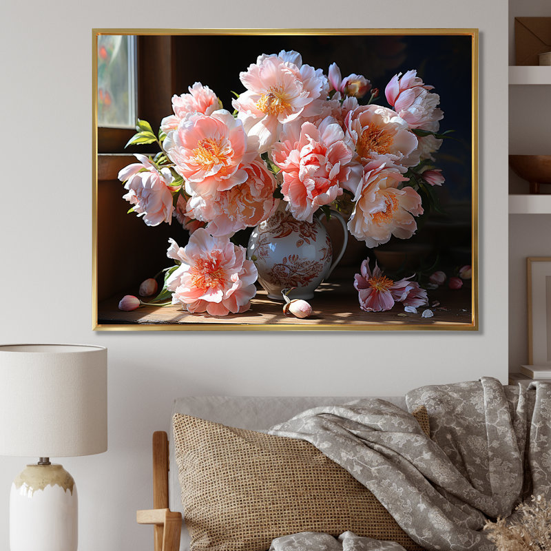 Reproduction d'art sur toile, pivoines roses, nature morte III, Cadre flottant doré, H 34 po x l 44 po x P 1,5 po