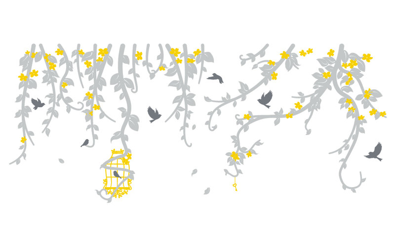 Décalcomanie murale vignes et cage, 133" H x 56" lx 0.01" D, Noir/or/argent