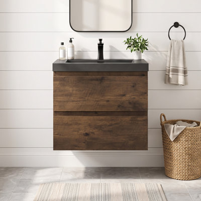 Meuble-lavabo mural en mélamine de 61 cm (24 po), aspect bois de rose, résistant à l'usure et aux égratignures, surface non poreuse et facile à nettoyer, préassemblé