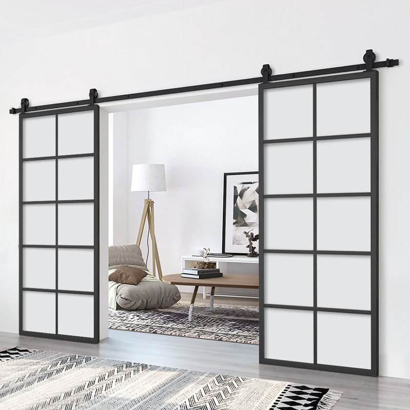 60" x 84" Clear Glass Black Double Barn Door with Hardware