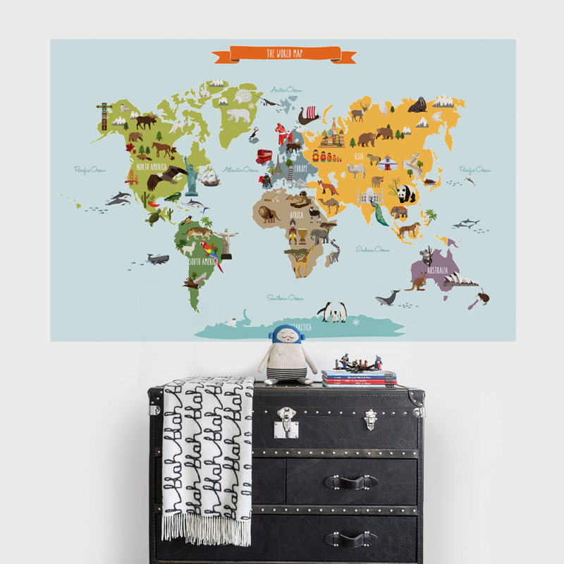 Décalcomanie murale carte du monde pour enfants