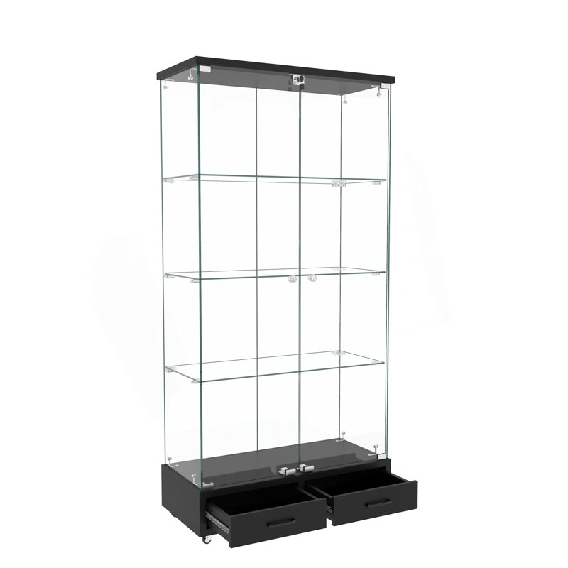Vitrine moderne en verre avec 2 grands tiroirs, Noir