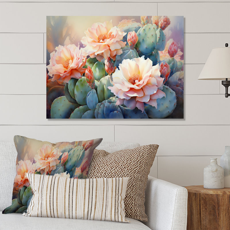 Cactus vert pêche impression romantique - Art mural en métal floral, salon, H 30 po x l 40 po x P 1 po