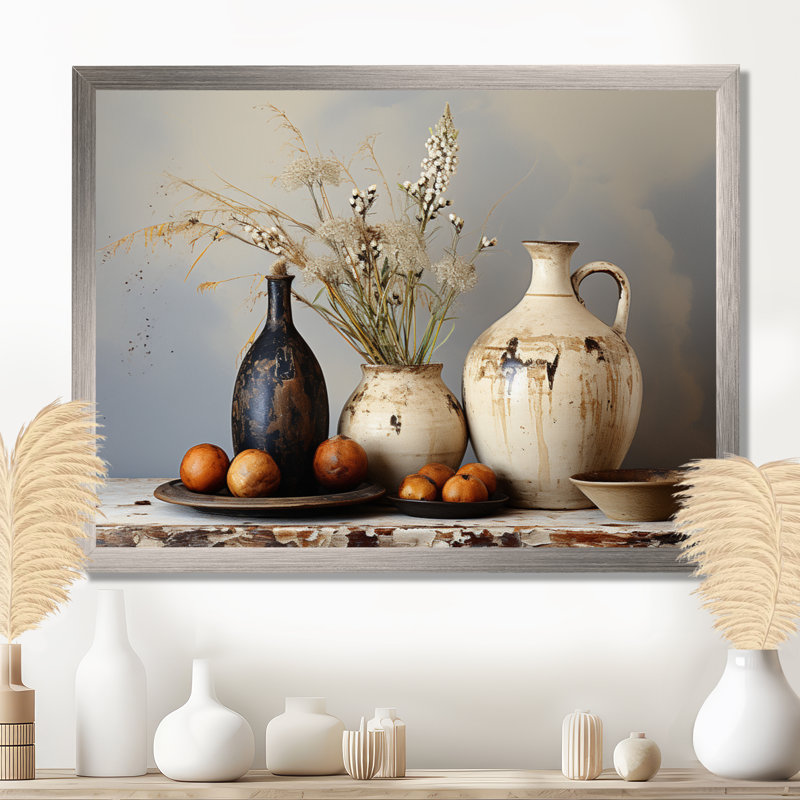 Art floral blanc rétro sur poterie, H 24 po x l 32 po x P 1 po, Cadre flottant brun