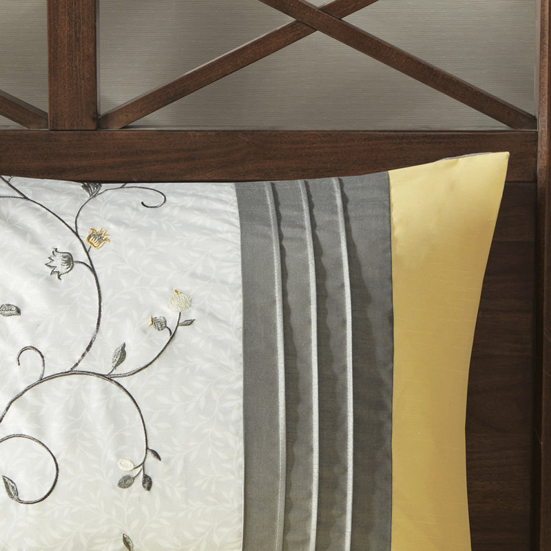Édredon jaune grand 7 pièces - Motif brodé, comprend taies décoratives, coussins décoratifs, jupe de lit, motif floral lavable à la machine, soie synthétique, édredon, jupe