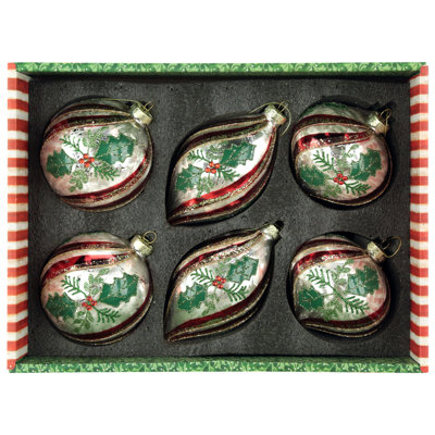 Holly Stripe Ornament, Box Of 6- 4-5 Inches