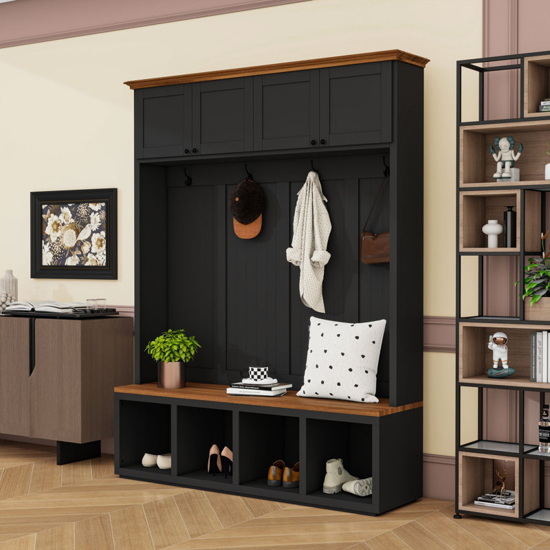 Entryway Hall Tree with Bench, 4 Cabinets, Open Compartments and 4 Hooks, Black