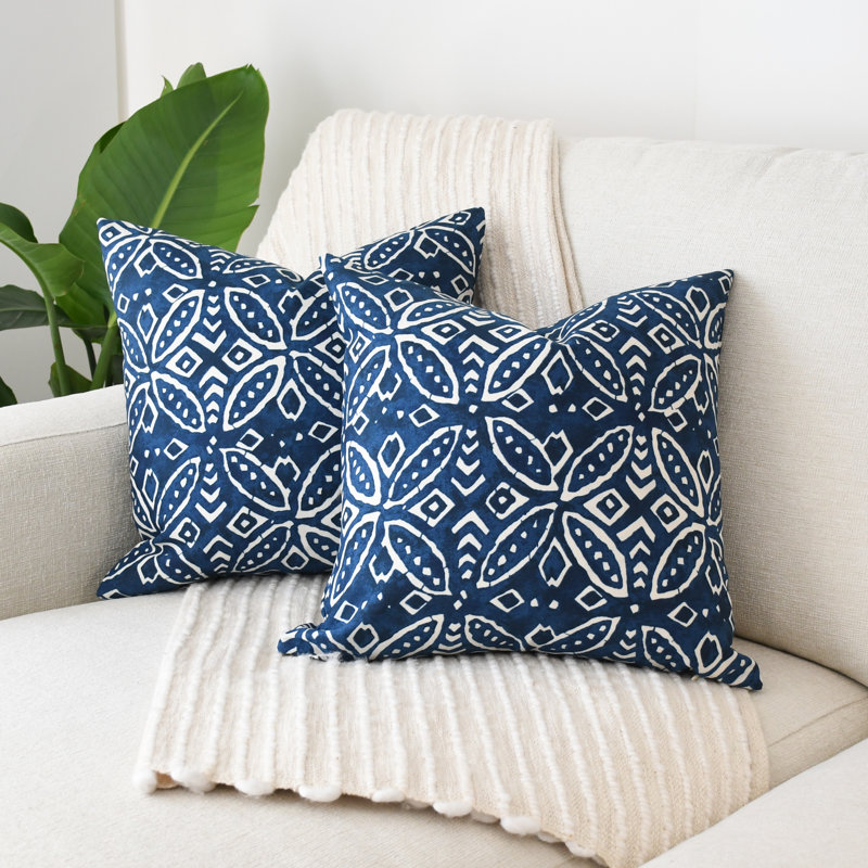 Ensemble de 2 housses de coussin en polyester batik indigo tropical pour intérieur/extérieur avec garniture, Carré 18 po
