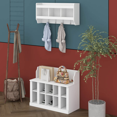 Hall Tree With Bench, Shoe Storage Bench With Wall Mounted Coat Rack, Hall Tree Entryway Organizer With Shelves And 4 Hook