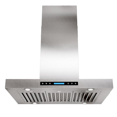36 inch 800 CFM Island Mount Ducted Range Hood 4 Speed Quiet Glass and Stainless Steel Remote and Touch Panel Control with LED Lights