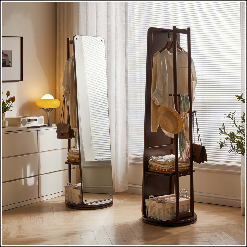 Rotating Full Length Mirror with Clothes Rack and Storage Shelves